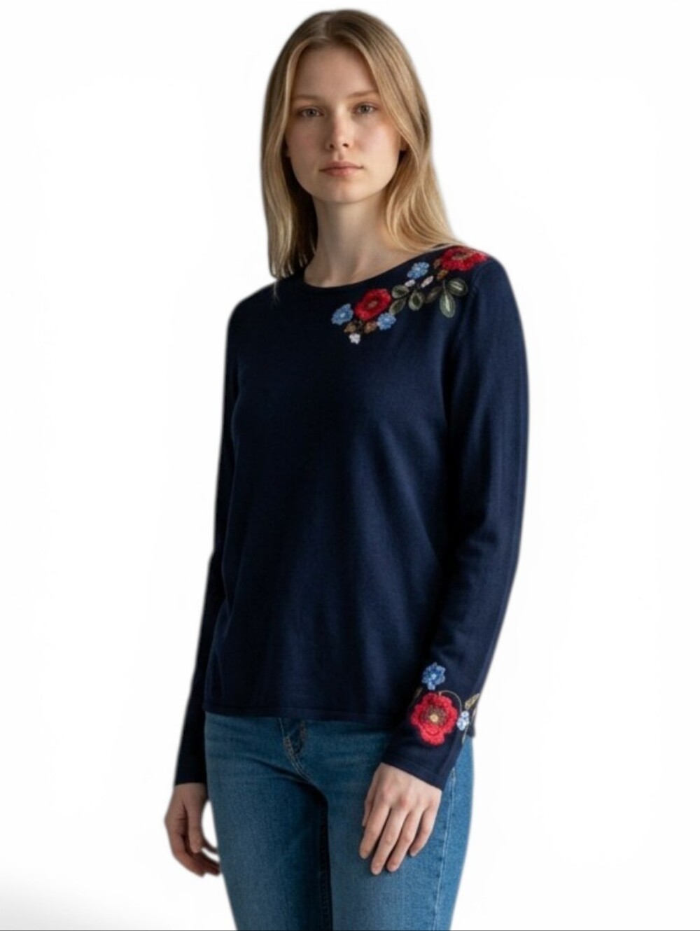 Floral Embroidered Sweater Navy Blue Twee Cottagecore Grandmacore Medium